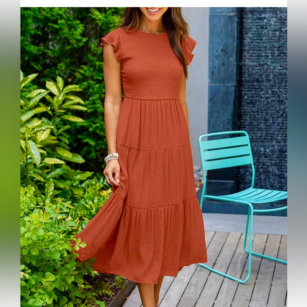 Women's Flutter Short Sleeve Midi Dress Summer Casual Tiered A-Line Dress